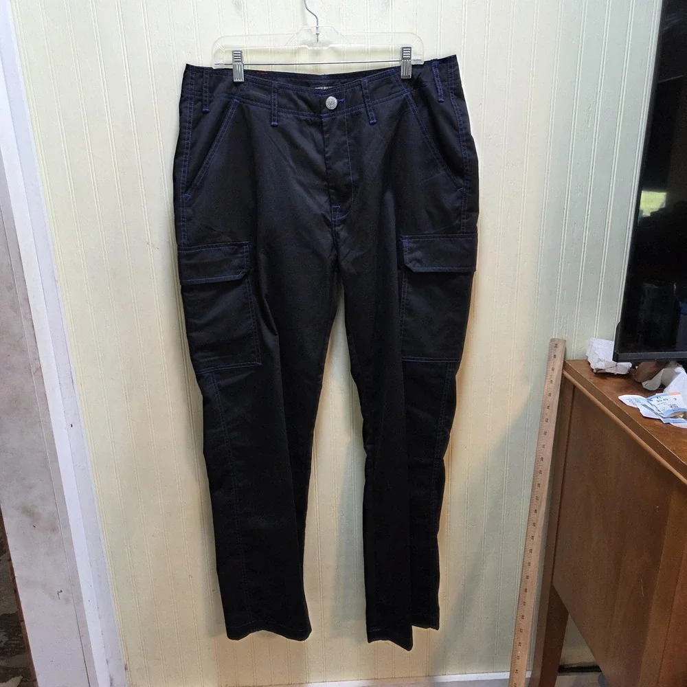 True Religion Cargo Pants Mens 36x32 Black Pacific Blue Stitch Pockets Casual